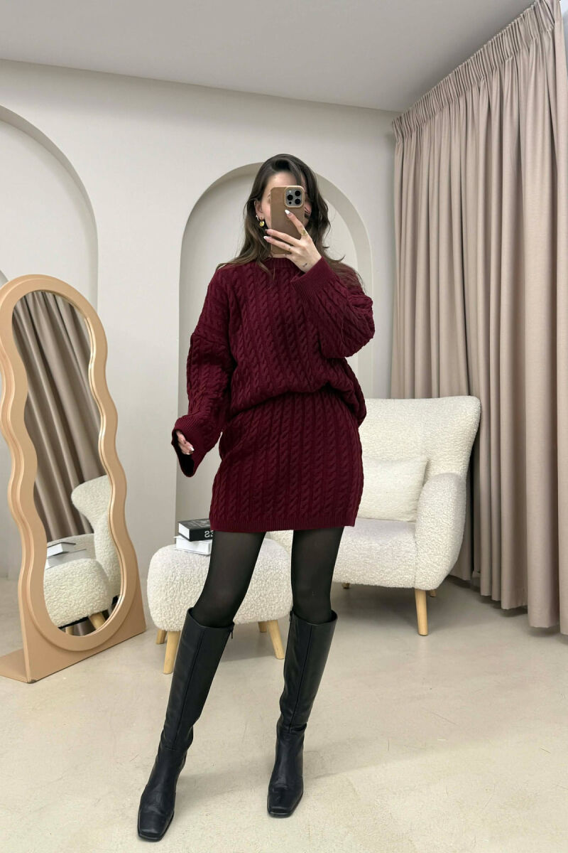 KNITTED ONE COLOR SWEATER+SKIRT WOMEN SET BURGUNDY/VISHNJE - 1