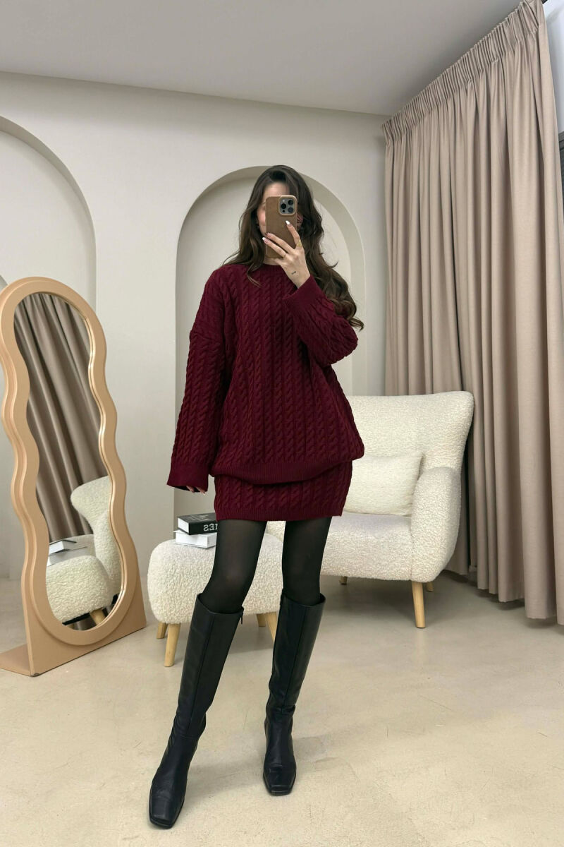 KNITTED ONE COLOR SWEATER+SKIRT WOMEN SET BURGUNDY/VISHNJE - 2