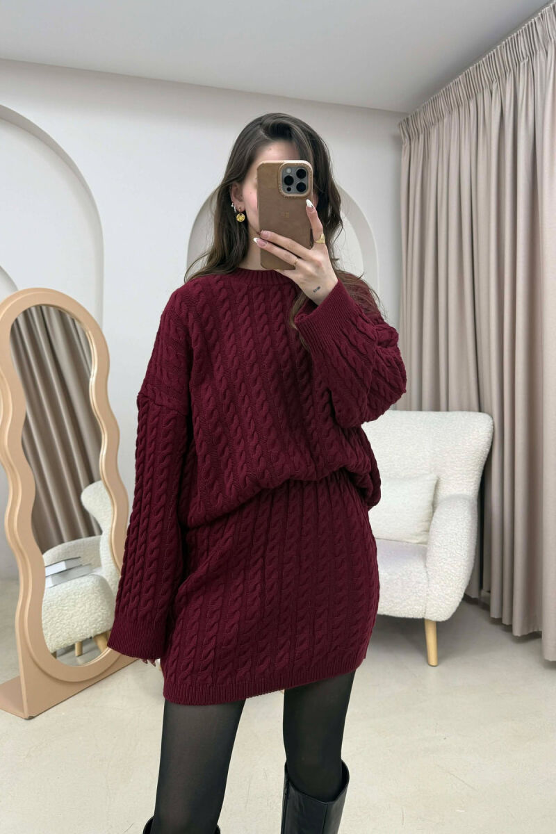 KNITTED ONE COLOR SWEATER+SKIRT WOMEN SET BURGUNDY/VISHNJE - 3
