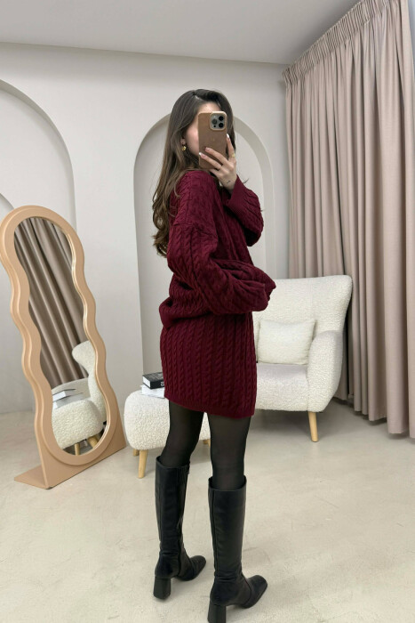 KNITTED ONE COLOR SWEATER+SKIRT WOMEN SET BURGUNDY/VISHNJE - 4