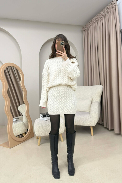 KNITTED ONE COLOR SWEATER+SKIRT WOMEN SET CREAM/KREM 