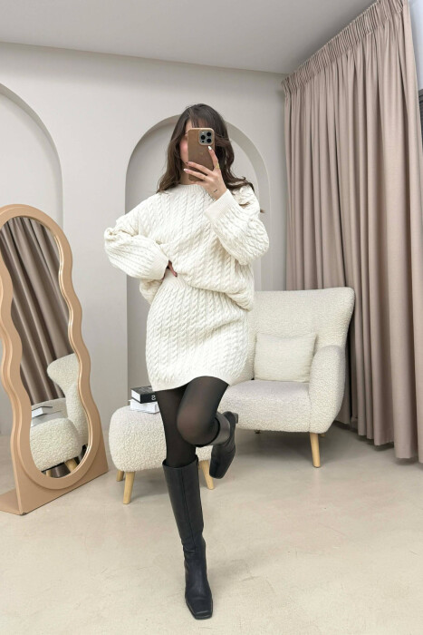KNITTED ONE COLOR SWEATER+SKIRT WOMEN SET CREAM/KREM - 2