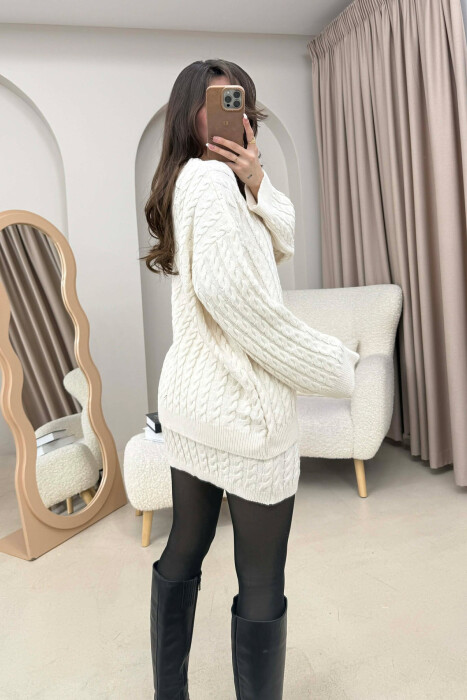 KNITTED ONE COLOR SWEATER+SKIRT WOMEN SET CREAM/KREM - 3