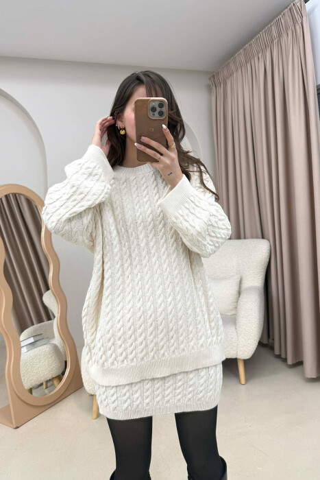 KNITTED ONE COLOR SWEATER+SKIRT WOMEN SET CREAM/KREM - 4