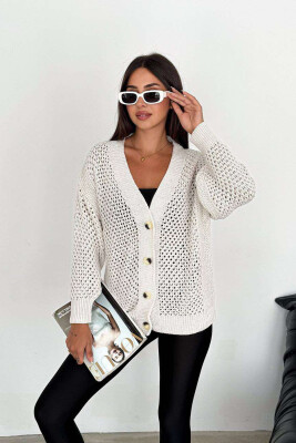 KNITTED ONE COLOR WOMEN CARDIGAN CREAM/KREM 