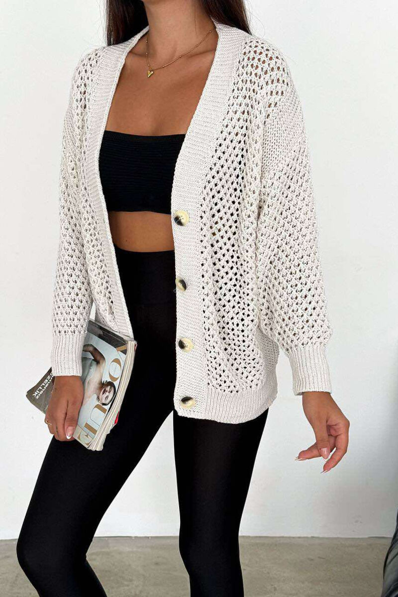 KNITTED ONE COLOR WOMEN CARDIGAN CREAM/KREM - 2