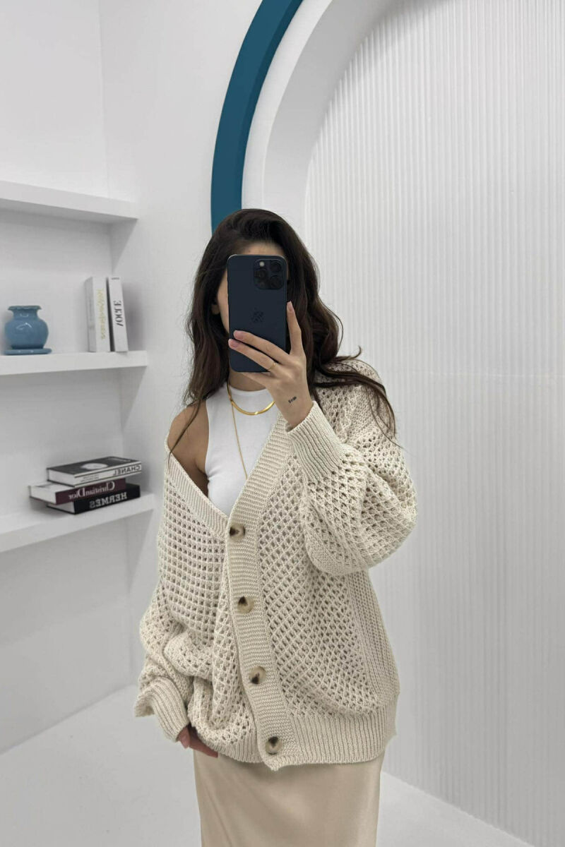 KNITTED ONE COLOR WOMEN CARDIGAN CREAM/KREM - 1