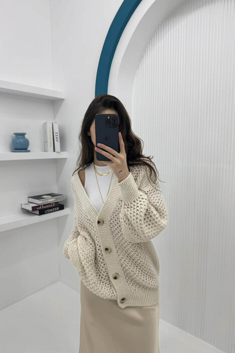 KNITTED ONE COLOR WOMEN CARDIGAN CREAM/KREM - 2