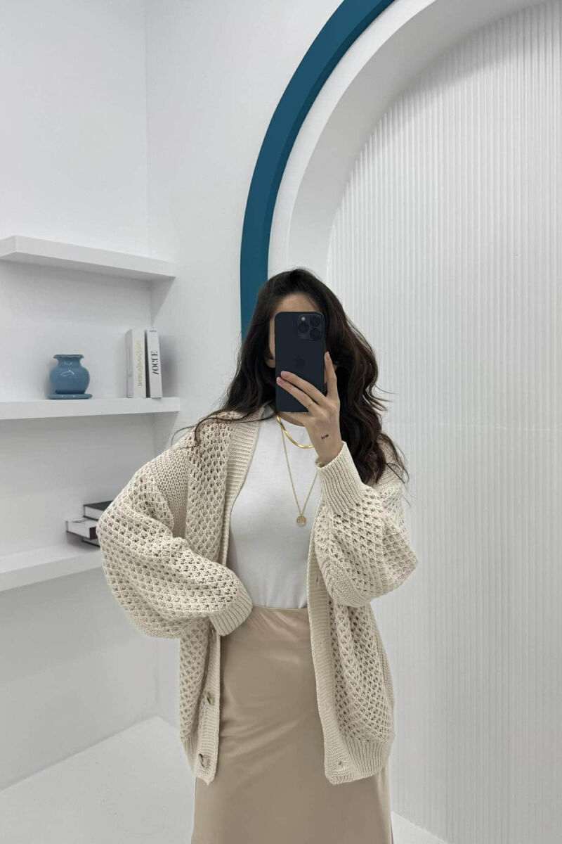 KNITTED ONE COLOR WOMEN CARDIGAN CREAM/KREM - 3