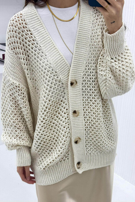 KNITTED ONE COLOR WOMEN CARDIGAN CREAM/KREM - 4