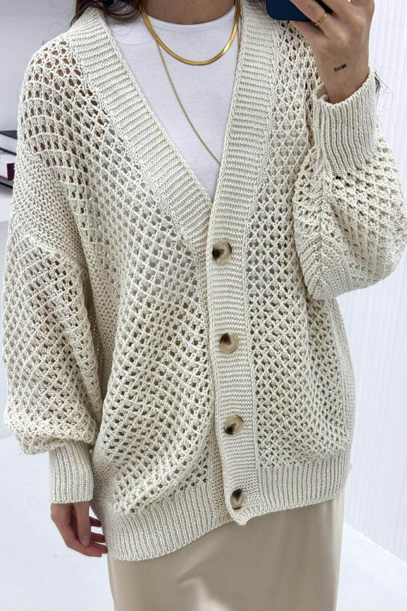 KNITTED ONE COLOR WOMEN CARDIGAN CREAM/KREM - 4