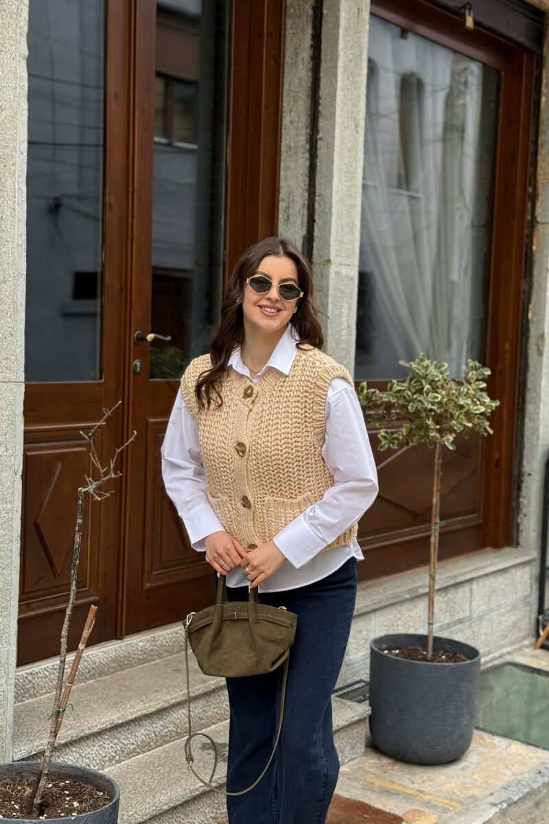 KNITTED ONE COLOR WOMEN VEST BEIGE/BEZHE - 3