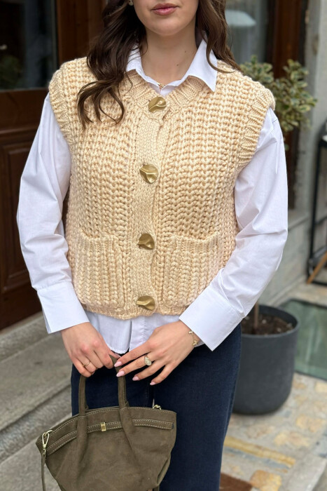 KNITTED ONE COLOR WOMEN VEST BEIGE/BEZHE - 5