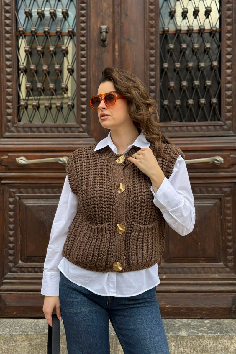 KNITTED ONE COLOR WOMEN VEST BROWN/KAFE - 1