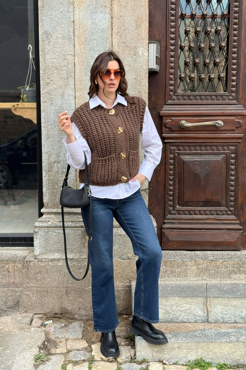 KNITTED ONE COLOR WOMEN VEST BROWN/KAFE - 2