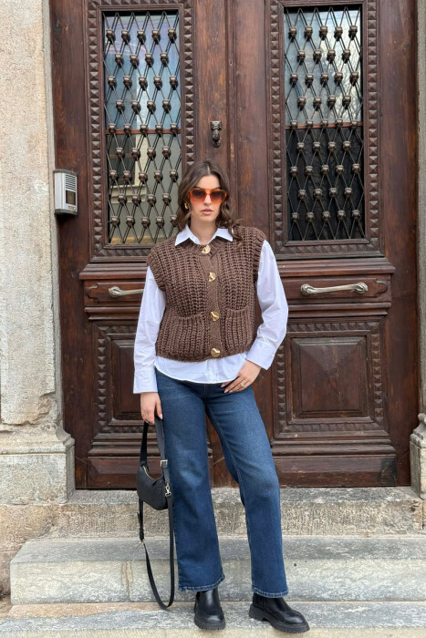 KNITTED ONE COLOR WOMEN VEST BROWN/KAFE - 3