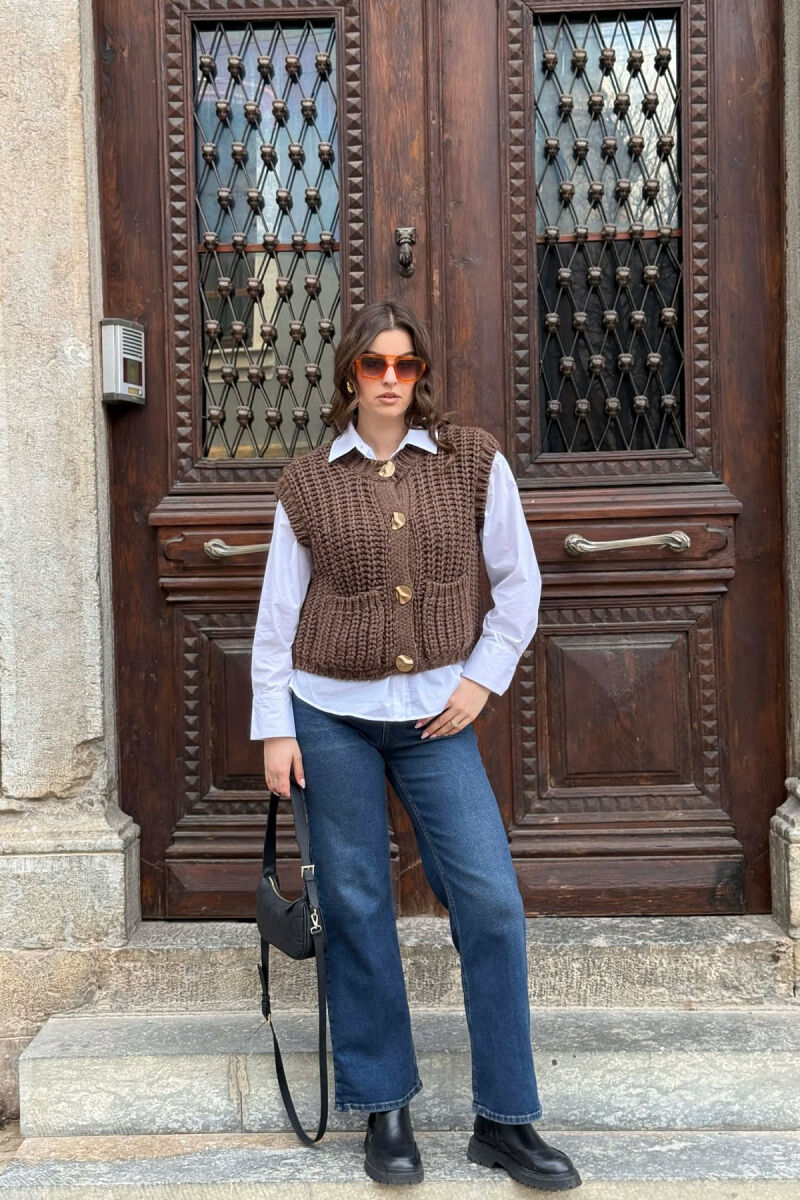 KNITTED ONE COLOR WOMEN VEST BROWN/KAFE - 3