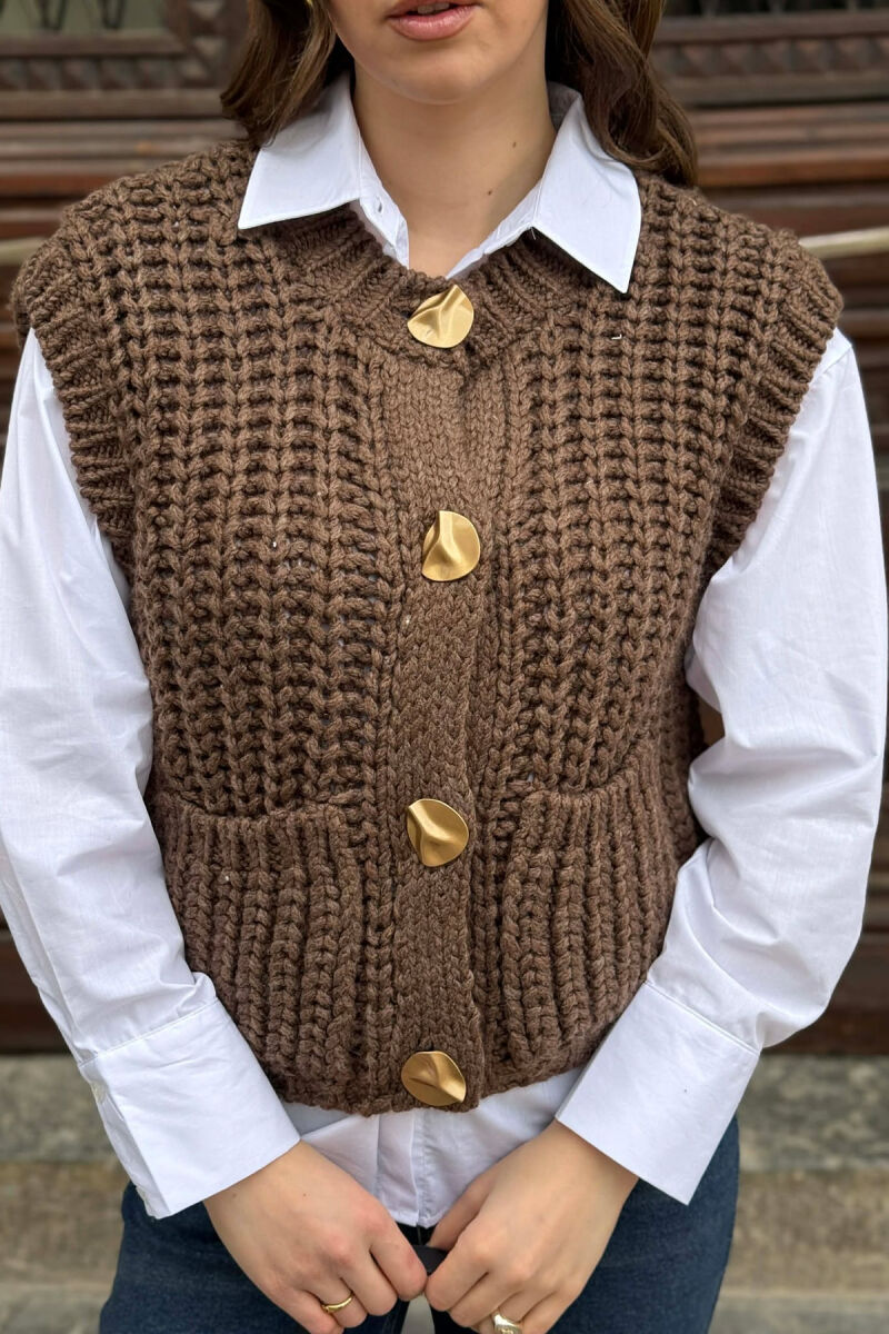 KNITTED ONE COLOR WOMEN VEST BROWN/KAFE - 4