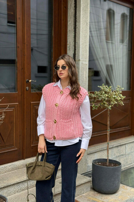 KNITTED ONE COLOR WOMEN VEST PINK/ROZE - 1