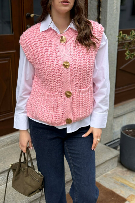 KNITTED ONE COLOR WOMEN VEST PINK/ROZE - 2