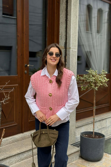 KNITTED ONE COLOR WOMEN VEST PINK/ROZE - 5