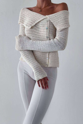 KNITTED ONE SHOULDER OFF WOMEN CARDIGAN CREAM/KREM 