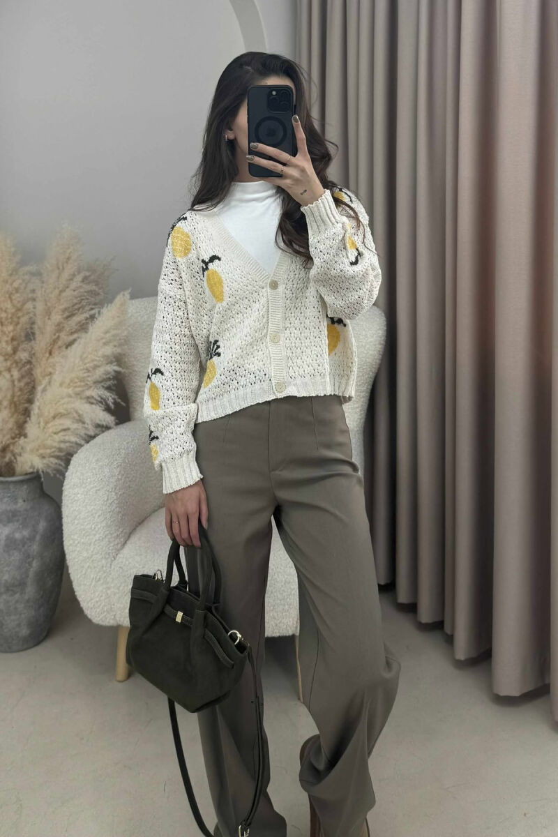 KNITTED PINEAPPLE DESIGN WOMEN CARDIGAN CREAM/KREM - 5