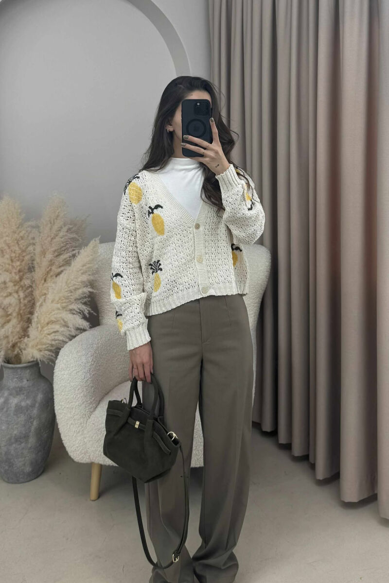 KNITTED PINEAPPLE DESIGN WOMEN CARDIGAN CREAM/KREM - 6