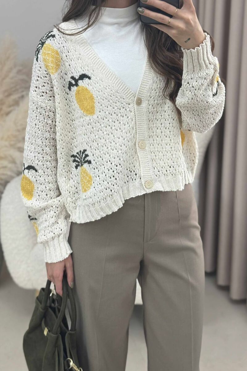 KNITTED PINEAPPLE DESIGN WOMEN CARDIGAN CREAM/KREM - 7