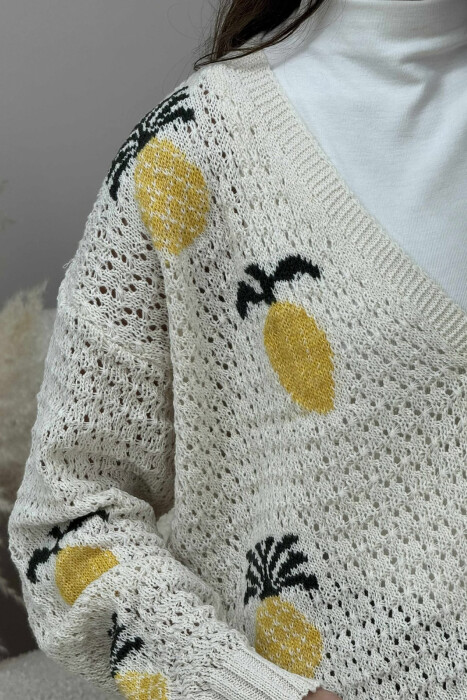 KNITTED PINEAPPLE DESIGN WOMEN CARDIGAN CREAM/KREM - 13