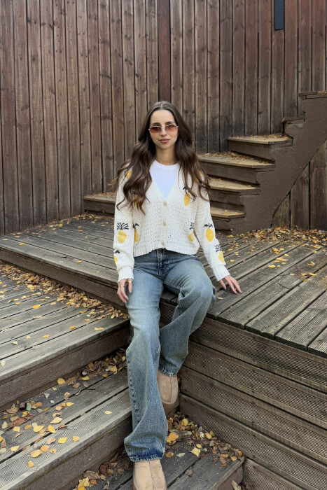 KNITTED PINEAPPLE DESIGN WOMEN CARDIGAN CREAM/KREM - 2