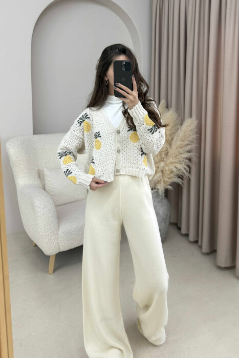 KNITTED PINEAPPLE DESIGN WOMEN CARDIGAN CREAM/KREM - 10