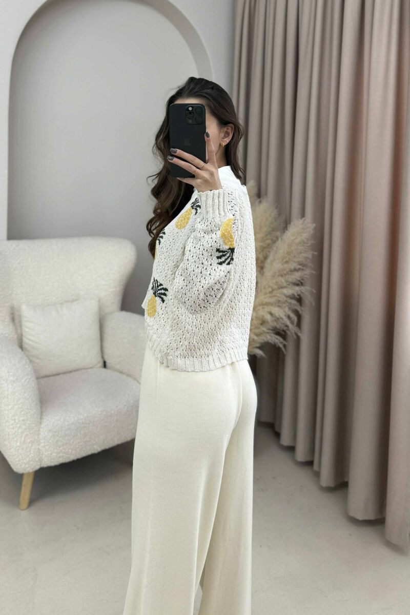 KNITTED PINEAPPLE DESIGN WOMEN CARDIGAN CREAM/KREM - 12