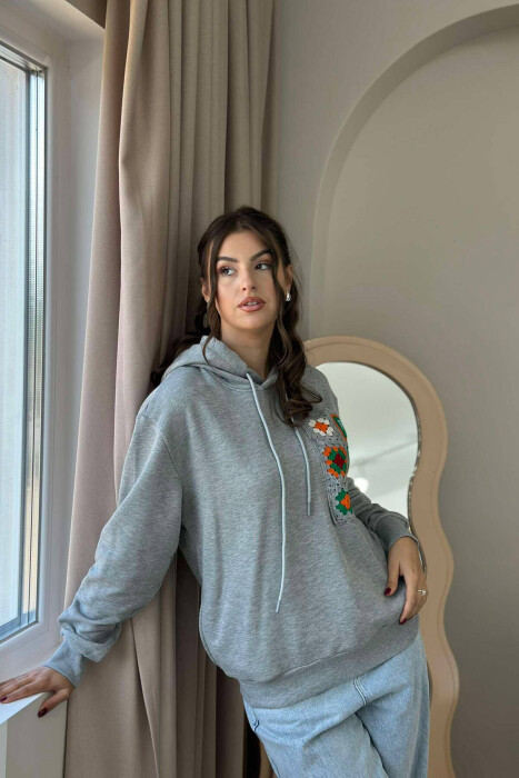KNITTED POCKET DETAIL WOMEN HOODIE GREY/GRI - 2
