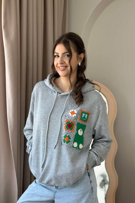 KNITTED POCKET DETAIL WOMEN HOODIE GREY/GRI - 3