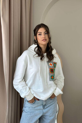 KNITTED POCKET DETAIL WOMEN HOODIE WHITE-E BARDHE 