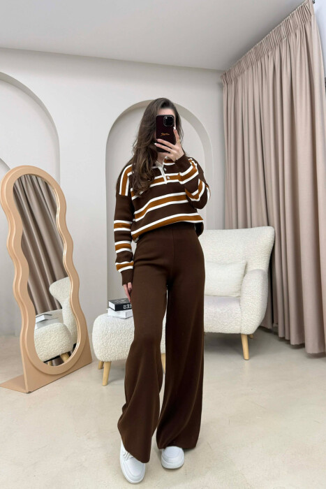 KNITTED POLO NECK SWEATER+TROUSERS WOMEN SET BROWN/KAFE 