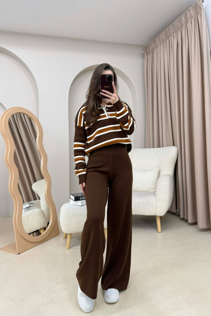KNITTED POLO NECK SWEATER+TROUSERS WOMEN SET BROWN/KAFE - 1