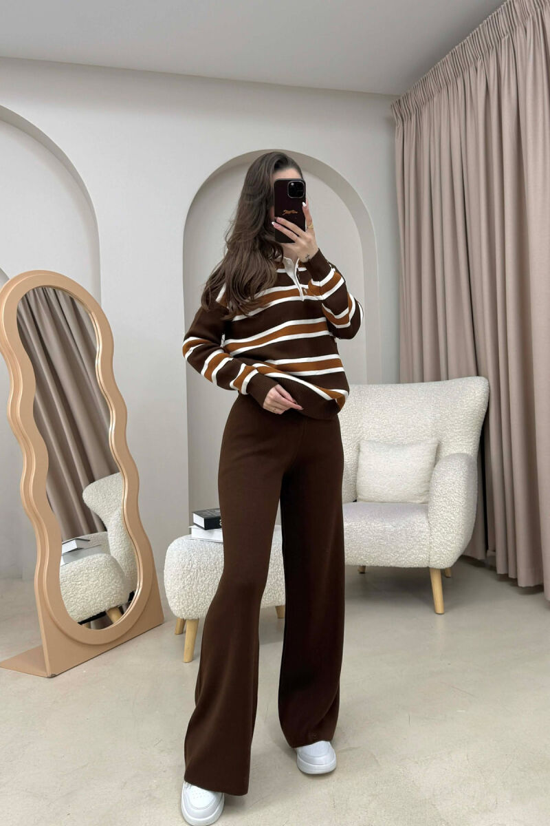 KNITTED POLO NECK SWEATER+TROUSERS WOMEN SET BROWN/KAFE - 2