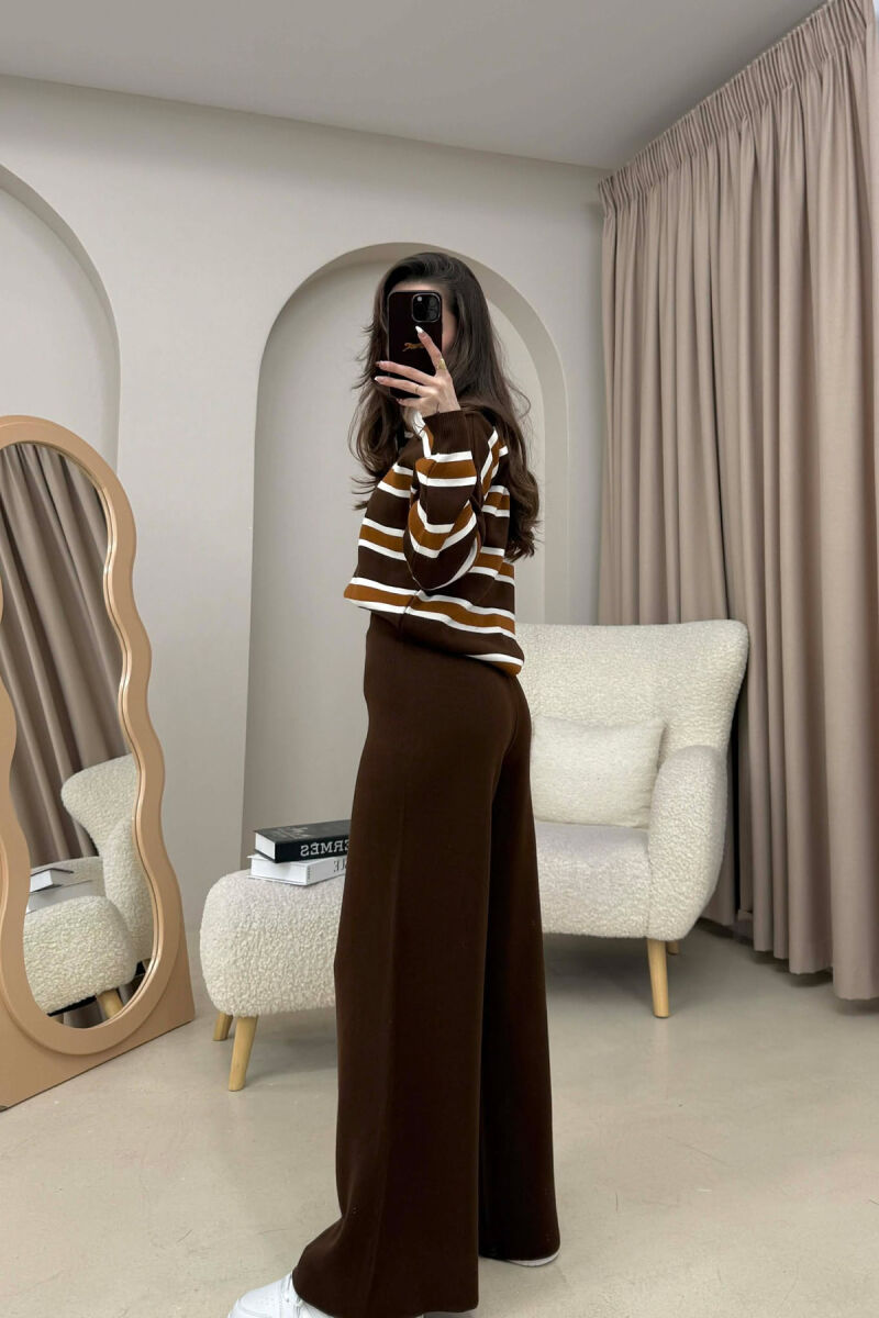 KNITTED POLO NECK SWEATER+TROUSERS WOMEN SET BROWN/KAFE - 3