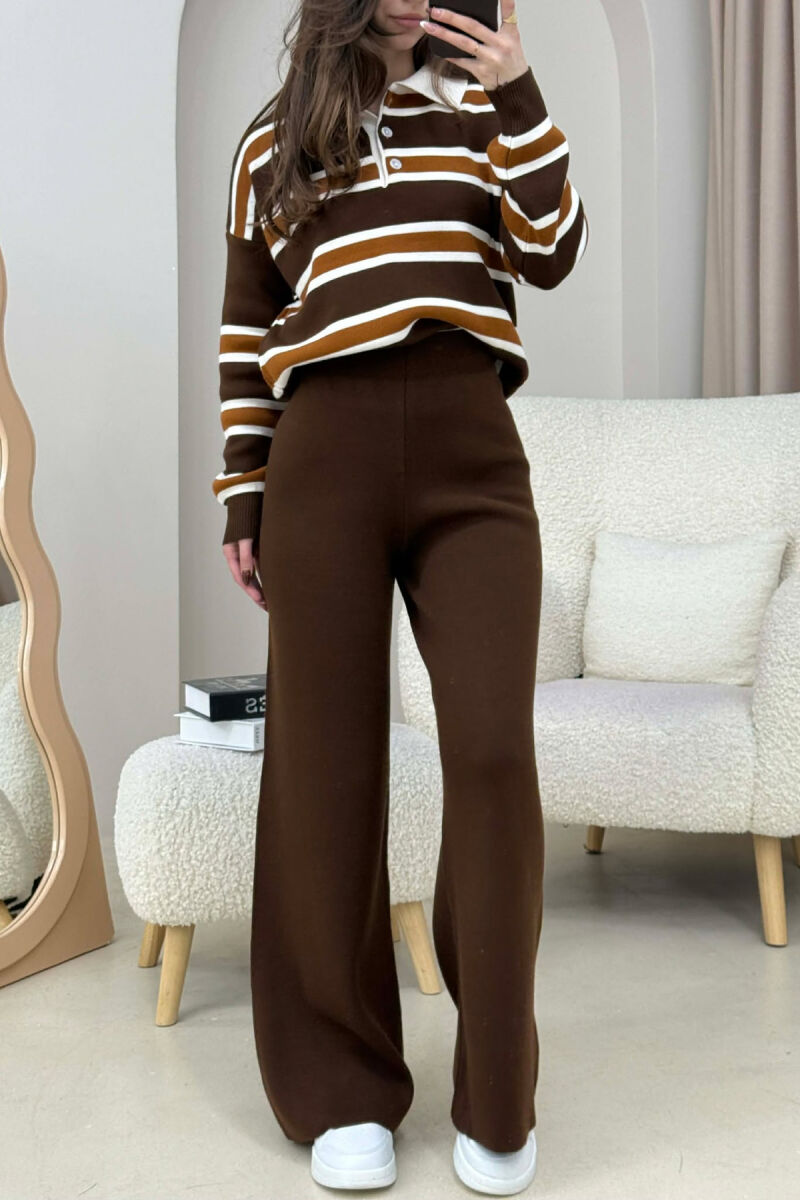 KNITTED POLO NECK SWEATER+TROUSERS WOMEN SET BROWN/KAFE - 4
