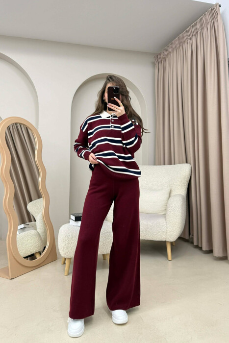 KNITTED POLO NECK SWEATER+TROUSERS WOMEN SET BURGUNDY/VISHNJE - 1