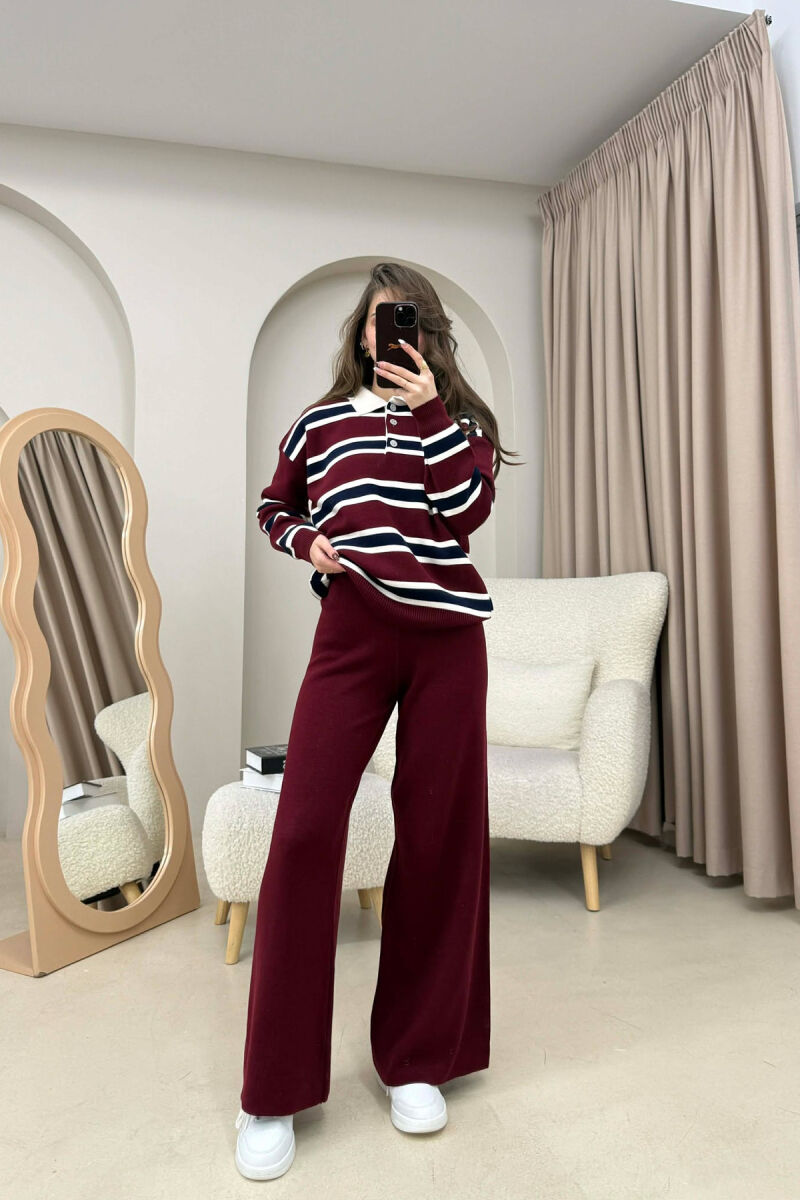 KNITTED POLO NECK SWEATER+TROUSERS WOMEN SET BURGUNDY/VISHNJE - 1