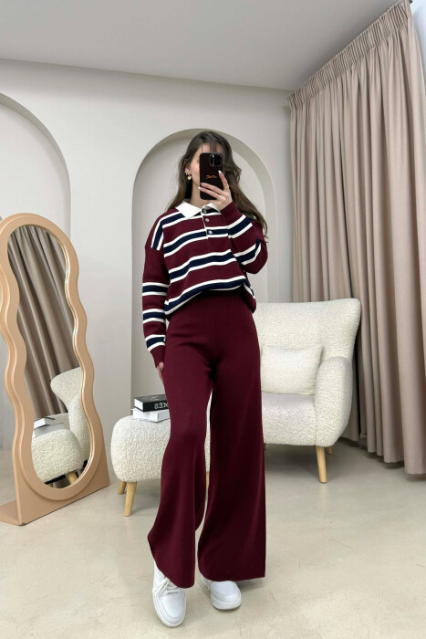 KNITTED POLO NECK SWEATER+TROUSERS WOMEN SET BURGUNDY/VISHNJE - 2