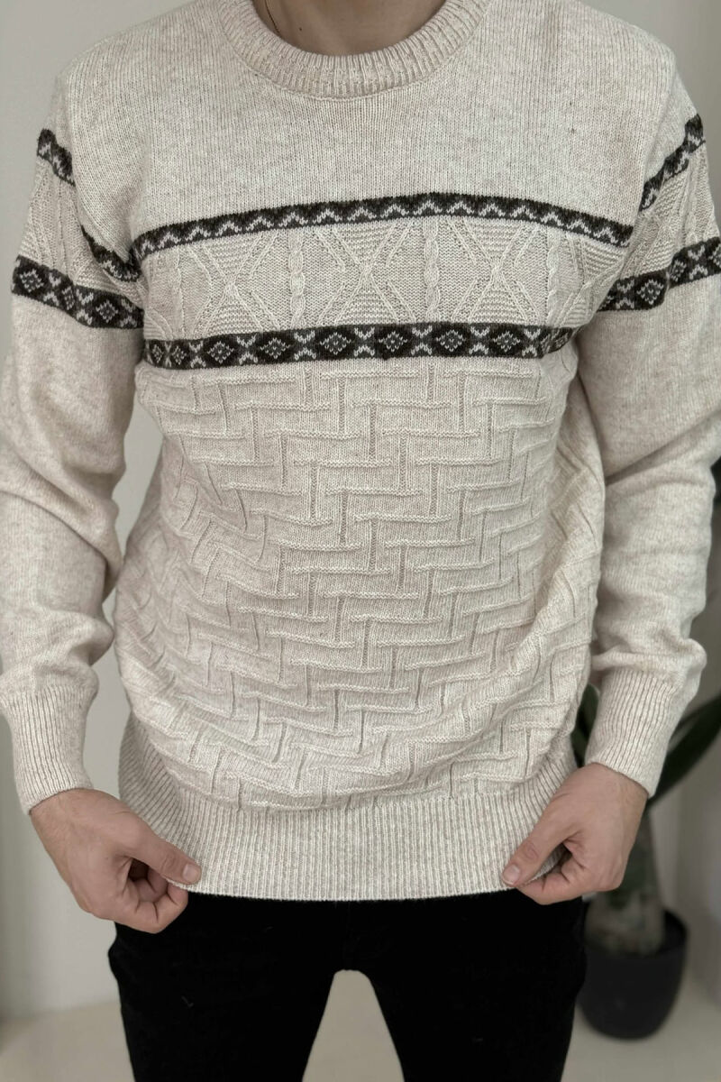KNITTED ROUND NECK MEN SWEATER CREAM/KREM - 2