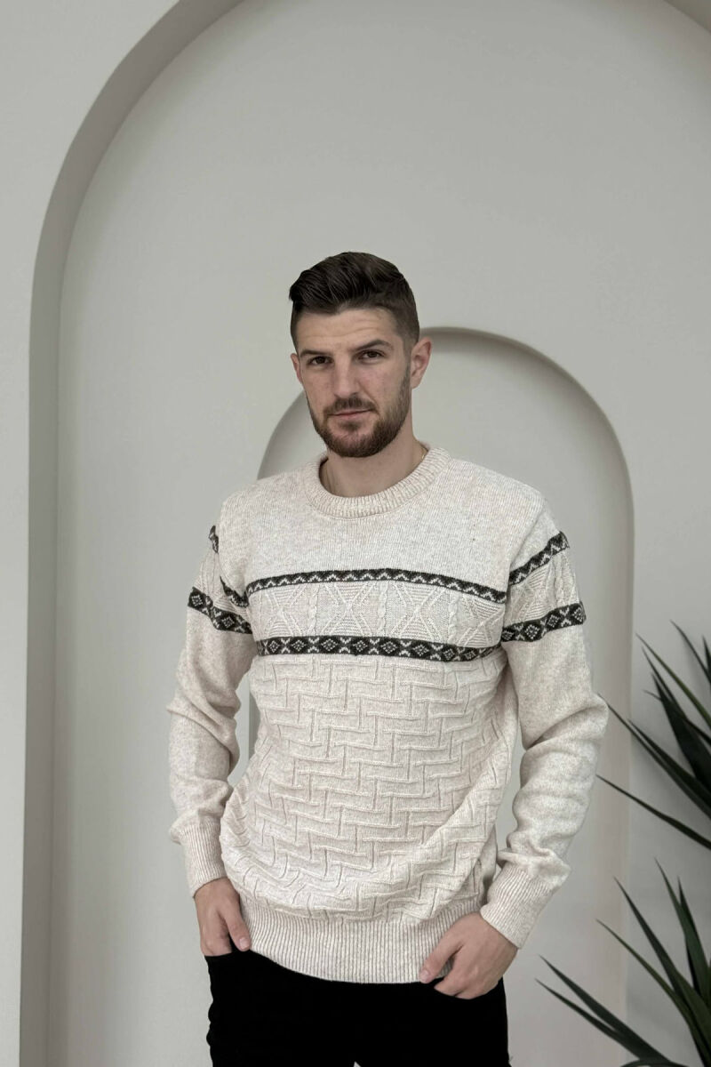 KNITTED ROUND NECK MEN SWEATER CREAM/KREM - 3