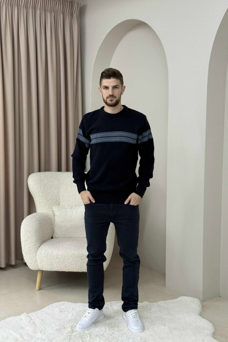 KNITTED ROUND NECK MEN SWEATER DARK BLUE/BEE - KLAUDIO FASHION