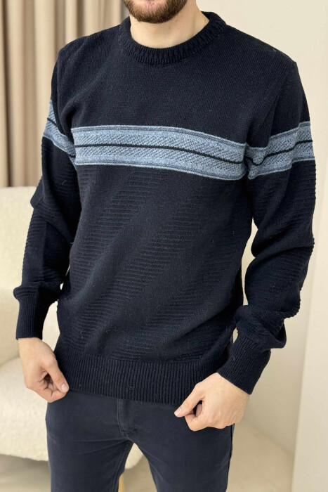 KNITTED ROUND NECK MEN SWEATER DARK BLUE/BEE - 2