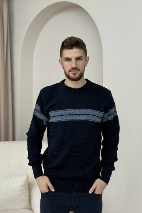 KNITTED ROUND NECK MEN SWEATER DARK BLUE/BEE - 3