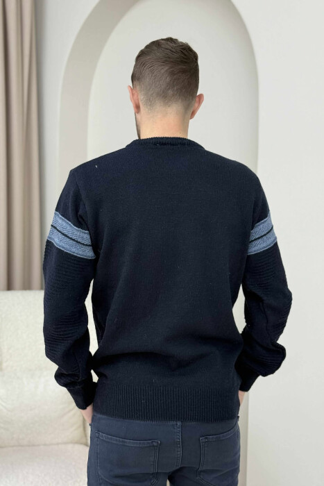 KNITTED ROUND NECK MEN SWEATER DARK BLUE/BEE - 4